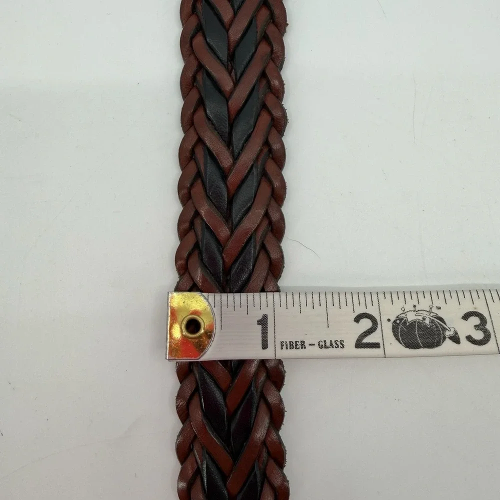 Vtg Woven Leather Belt Mens 40 Brown Black Braided Solid Brass Buckle Italy USA